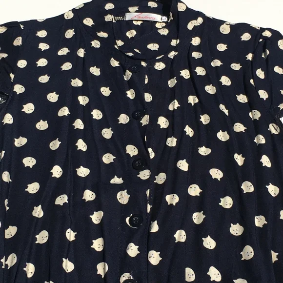 Kitten Face Polka Cat Shorts Romper Jumpsuit Size L (Fits like Small) Navy Blue - Picture 3 of 4